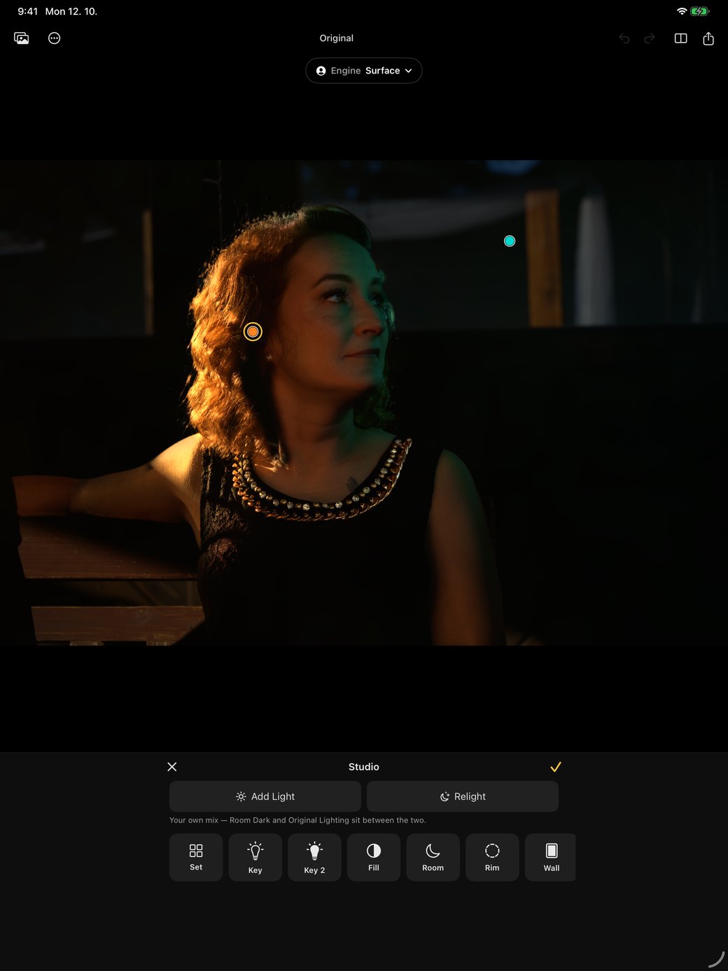Rebrilo on an iPad held upright: the same portrait of a red-haired woman lit from the left in a dark room. Under it the Studio with Add Light, Relight and buttons for Set, Key, Key 2, Fill, Room, Rim and Wall.