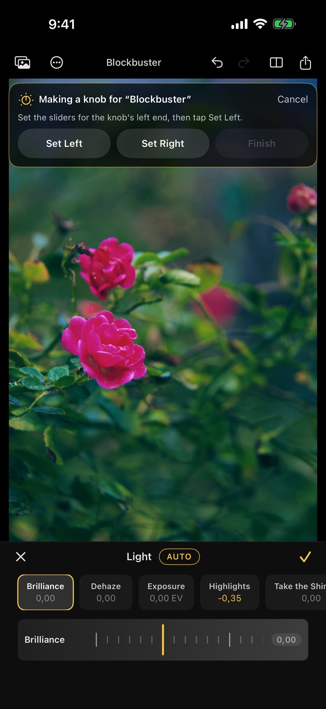 Rebrilo on an iPhone, making a knob for a look called Blockbuster: a banner asks to set the sliders for the knob's left end and its right end, with Set Left and Set Right buttons over a photograph of pink roses, and the Light sliders underneath.