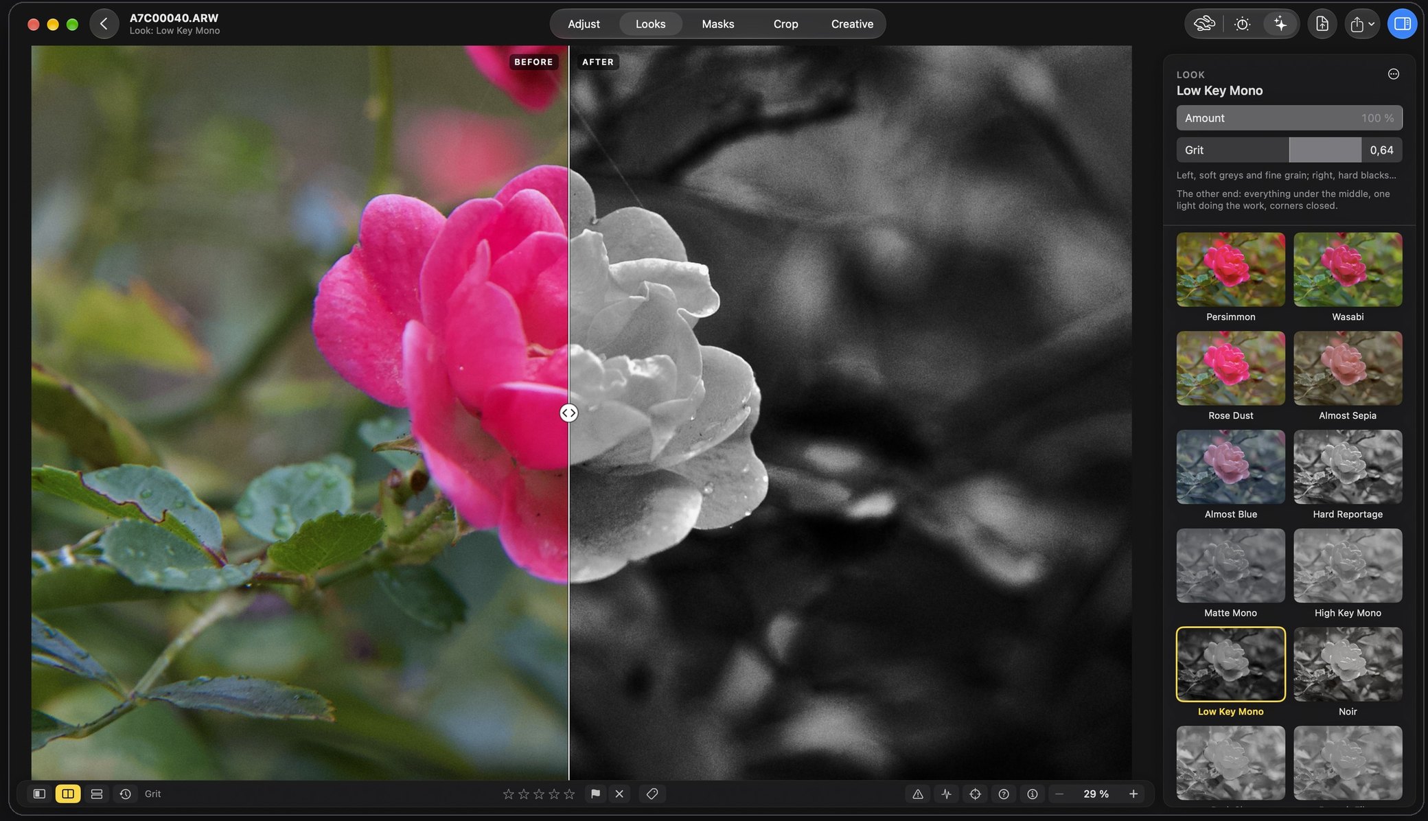 Rebrilo on the Mac, the Looks tab. A pink rose among leaves is split before and after: on the left in colour, on the right in grainy black and white under the Low Key Mono look. At the top of the panel the look's Amount and, under it, its own slider, Grit, at 0.64; below, a grid of looks drawn on the same rose.