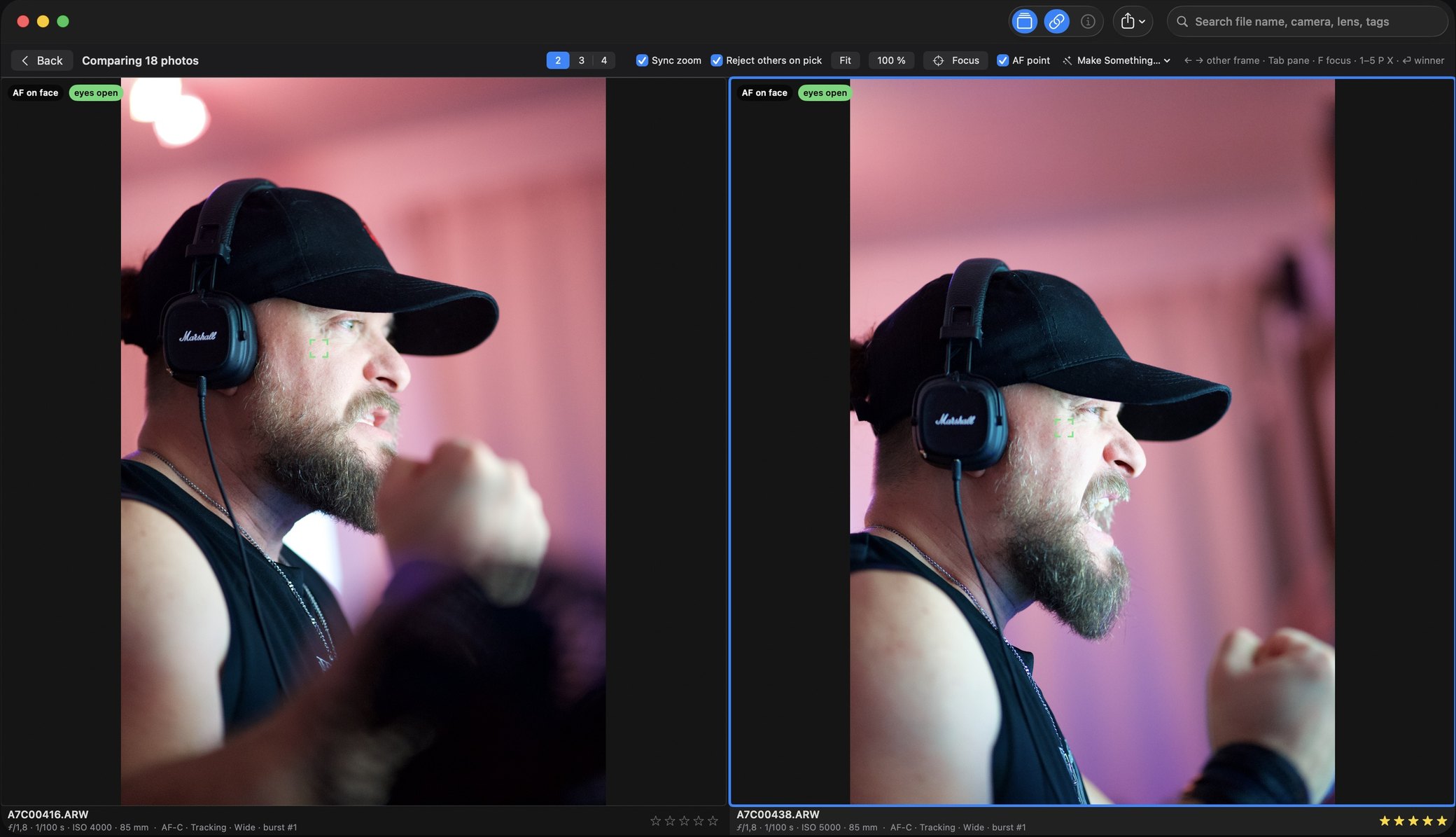 Rebrilo comparing 18 photos on the Mac: two frames of a burst side by side, a bearded man in a black cap and headphones in profile against pink light, each pane marked AF on face and eyes open, the right one framed in blue and rated five stars.