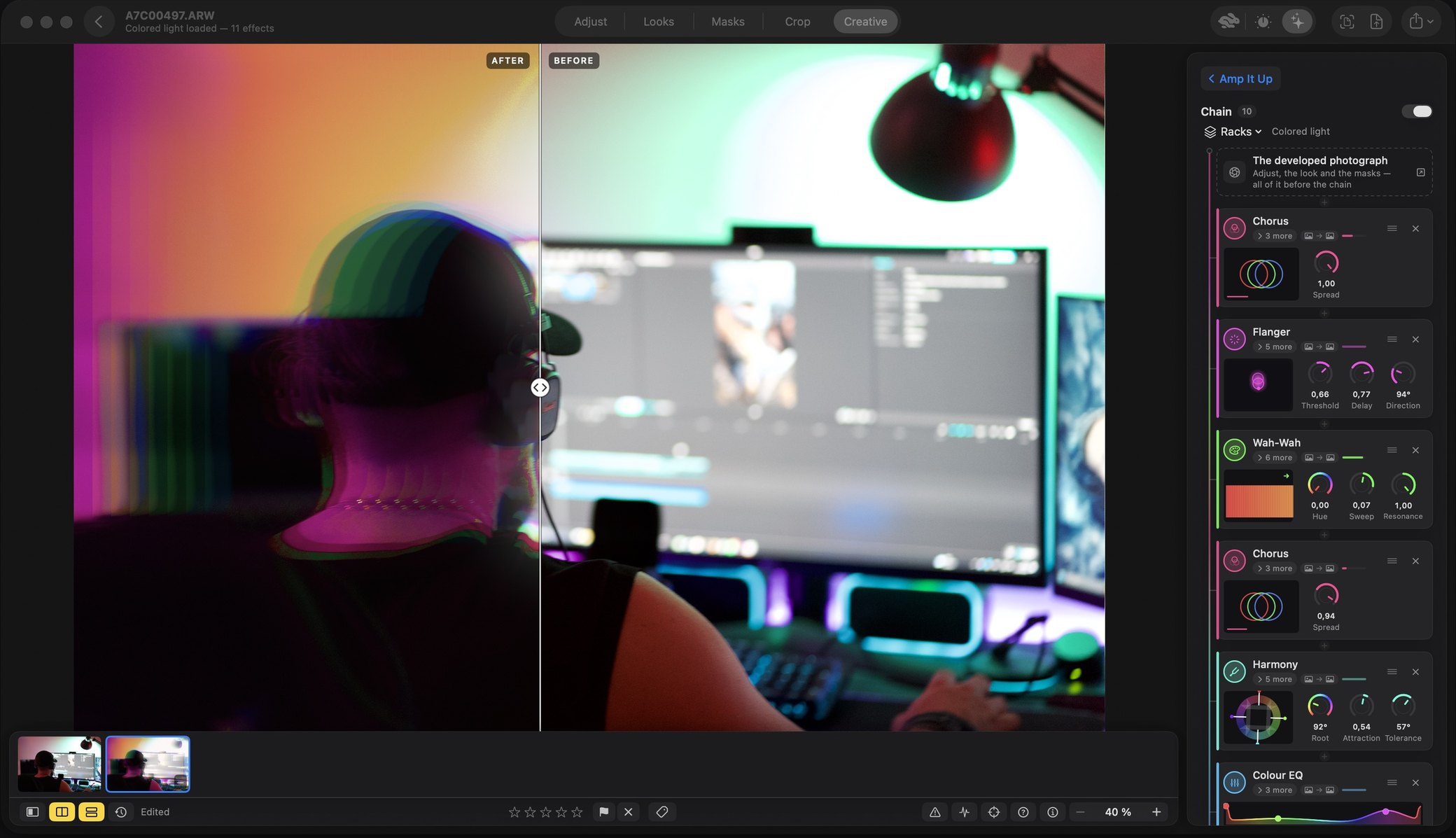Rebrilo on the Mac, a man seen from behind at a desk with a monitor, in pink and green light, split before and after a rack of effects: on the after side the picture smeared into offset coloured copies. The panel is headed Chain and holds units named Chorus, Flanger, Wah-Wah, Harmony and Colour EQ, each with knobs.