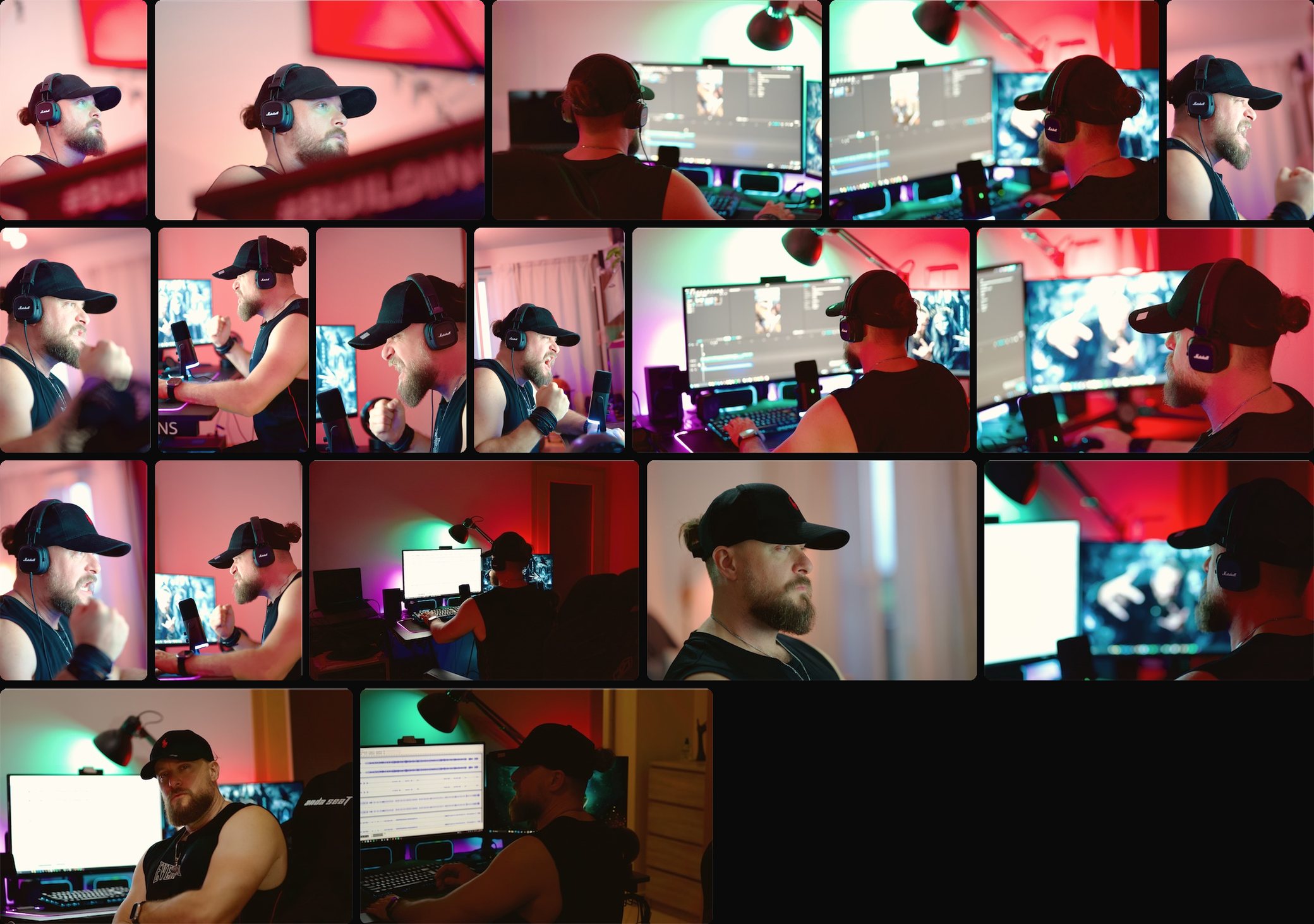 Eighteen photographs of Luknar, a Czech artist and musician, in a black cap and headphones at work in a music studio lit pink, red and teal, in the Bright & Airy look.
