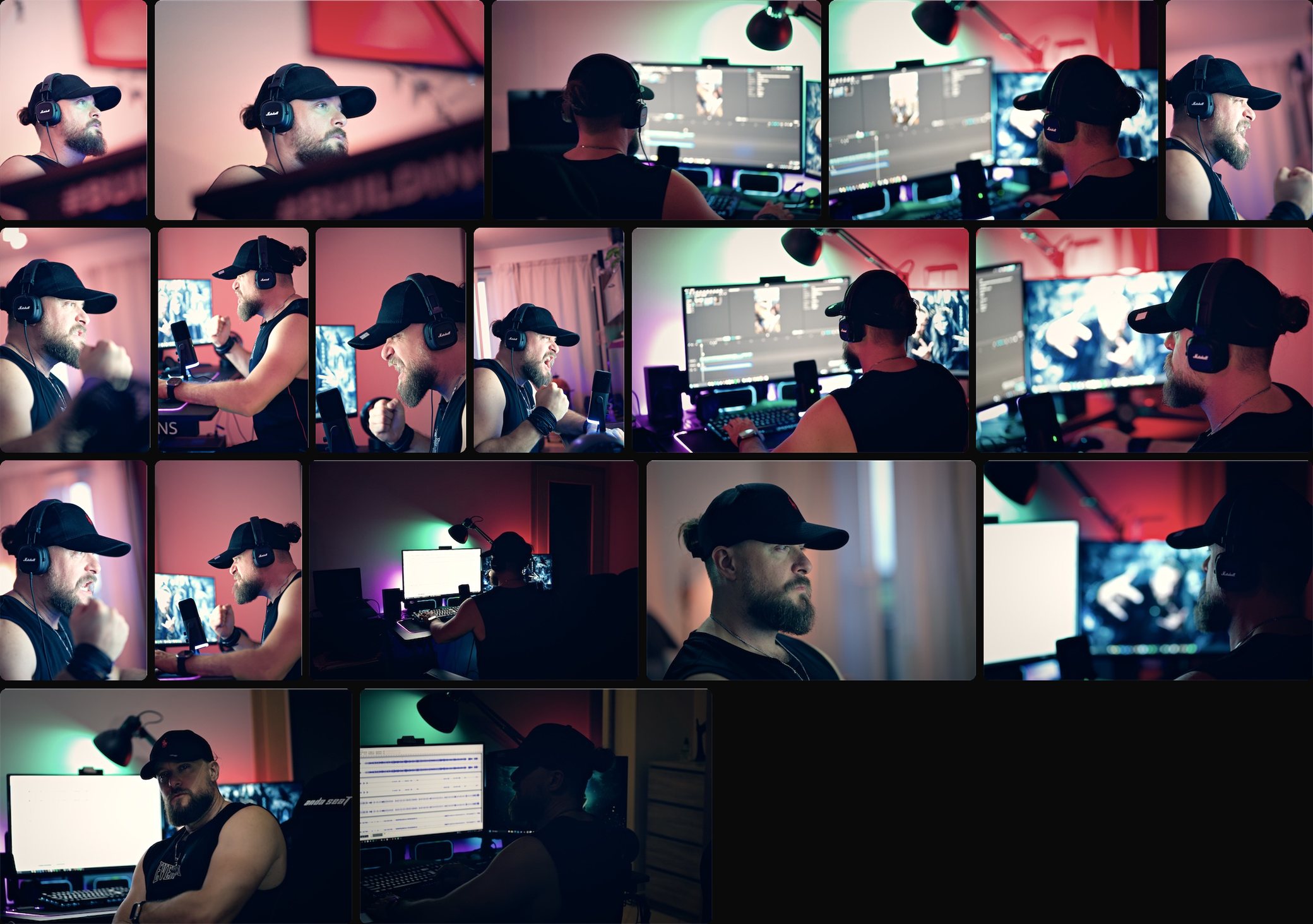 Eighteen photographs of Luknar, a Czech artist and musician, in a black cap and headphones at work in a music studio lit pink, red and teal, in the Cinematic look.