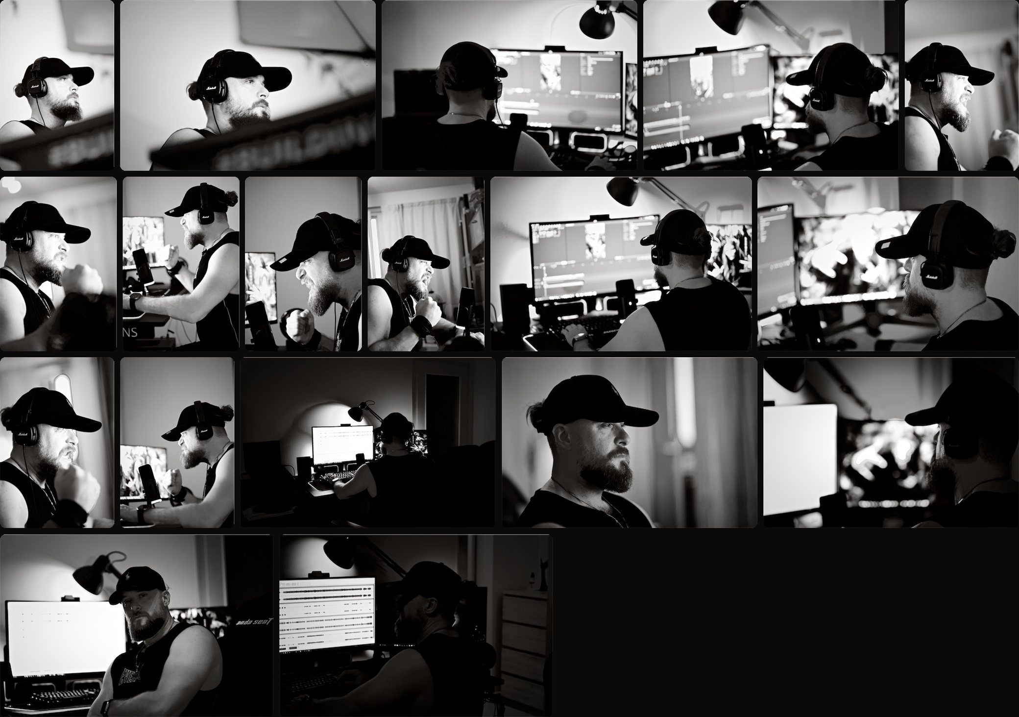 Eighteen photographs of Luknar, a Czech artist and musician, in a black cap and headphones at work in a music studio lit pink, red and teal, in the Noir look.