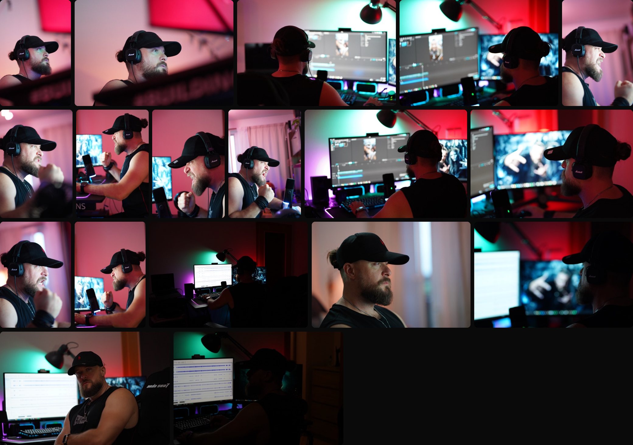 Eighteen photographs of Luknar, a Czech artist and musician, in a black cap and headphones at work in a music studio lit pink, red and teal, as the camera made them.