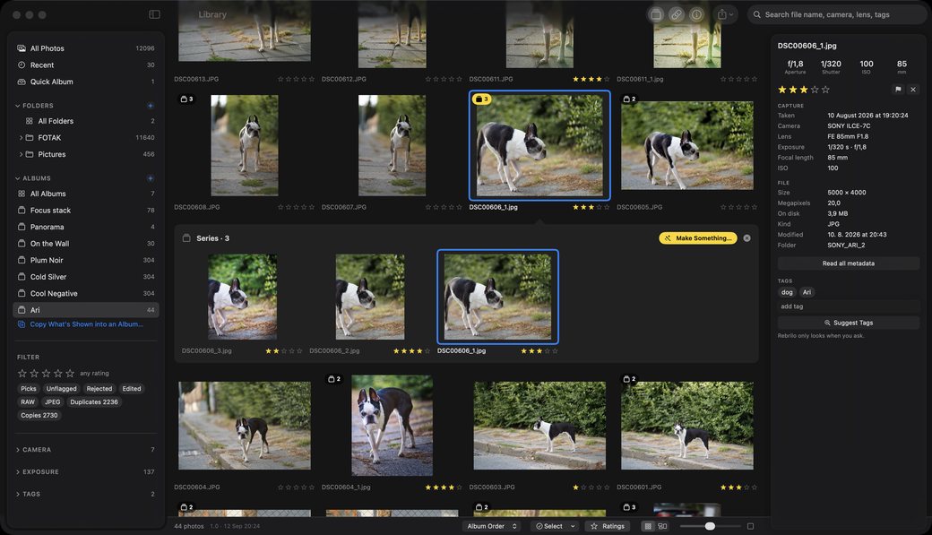 Rebrilo's library window: a sidebar of folders, albums and filter chips; a grid of photographs of a Boston terrier with file names and star ratings; a row pushed open by a series panel holding three frames; and an information panel reading f/1.8, 1/320, ISO 100, 85 mm and a Sony body out of the file.