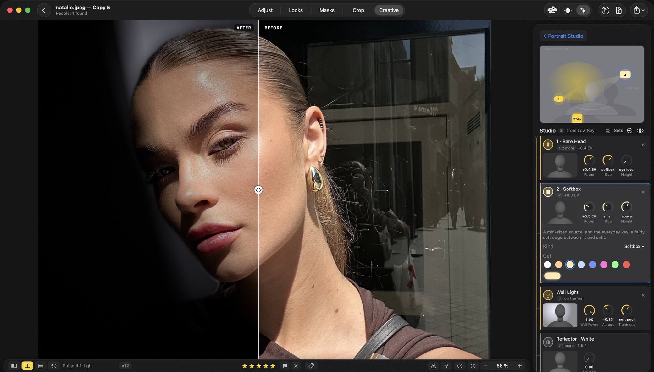 Natálie Havlová, a content creator, in a portrait split down the middle. On the right, before: an everyday snapshot in daylight against a shop window with the street reflected in it. On the left, after: the same frame with the background gone dark, her face lit from one side and her hair and earring catching the light. The panel on the right is the Portrait Studio, with a plan of the room and cards for a bare head, a softbox, a wall light and a white reflector.